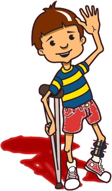 Personaje cartoon con muletas saludando