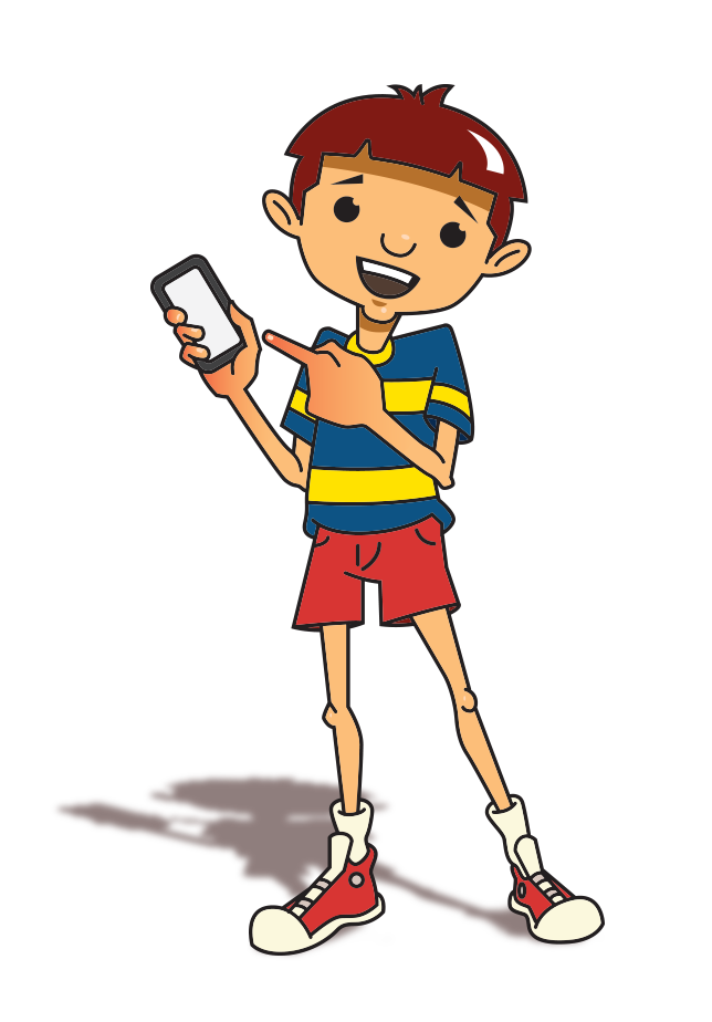 Personaje cartoon con teléfono
